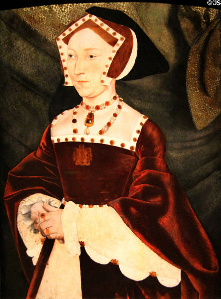 Jane Seymour (3rd wife of King Henry VIII, mother of Edward) portrait (mid 16thC) by studio of Hans Holbein Younger at National Portrait Gallery. London, United Kingdom.