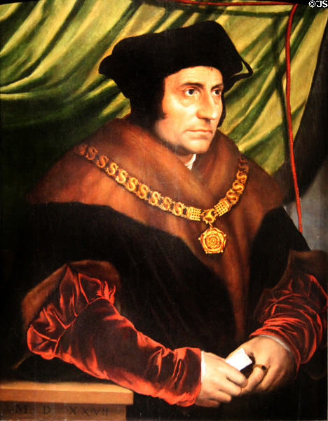 St Thomas More (executed by Henry VIII for refusing to recognize supremacy of King over church) portrait (early 17thC) by unknown based on portrait (1527) by Hans Holbein Younger at National Portrait Gallery. London, United Kingdom.