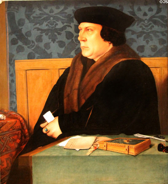 Thomas Cromwell (executed by Henry VIII) portrait (early 17thC) by unknown based on portrait (1532-3) by Hans Holbein Younger at National Portrait Gallery. London, United Kingdom.