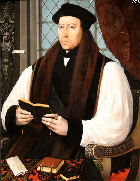 Thomas Cranmer (as Archbishop annulled Henry VIII 1st marriage, later burned at stake as heretic under Mary I) portrait (1545-6) by Gerlach Flicke at National Portrait Gallery. London, United Kingdom.
