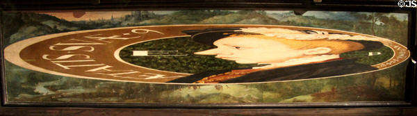 Distorted anamorphosis painting of King Edward VI, meant to be seen from edge (1546) by Guillim Scrots probably to keep boy king amused at National Portrait Gallery. London, United Kingdom.