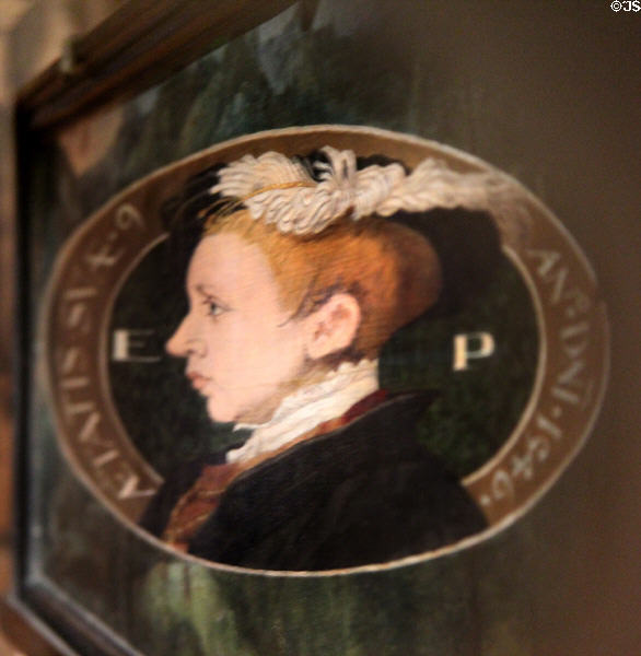 Distorted anamorphosis painting of King Edward VI, as seen along face from side edge (1546) by Guillim Scrots at National Portrait Gallery. London, United Kingdom.