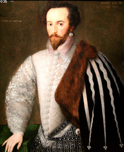 Sir Walter Ralegh (settled first English colony in North America on Roanoke Island) portrait (1588) at National Portrait Gallery. London, United Kingdom.