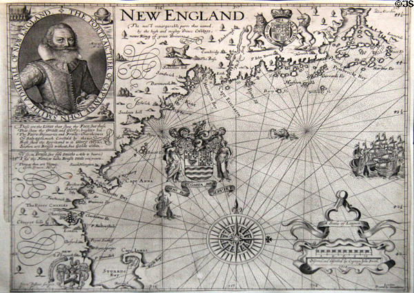 Map of New England engraving (1616) with image of Captain John Smith (who surveyed area) by Simon de Passe at National Portrait Gallery. London, United Kingdom.