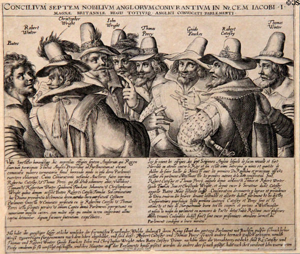 Gunpowder Plot Conspirators graphic (c1605) by Crispijn de Passe Elder at National Portrait Gallery. London, United Kingdom.