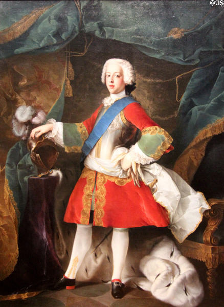 Prince Charles Edward Stuart (aka Bonnie Prince Charlie, grandson of deposed King James II) portrait (1738) by Louis Gabriel Blanchet at National Portrait Gallery. London, United Kingdom.