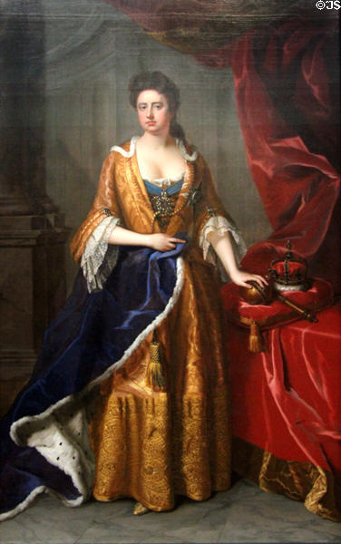 Queen Anne (b1665 r1702-14) portrait (1702) by Michael Dahl at National Portrait Gallery. London, United Kingdom.