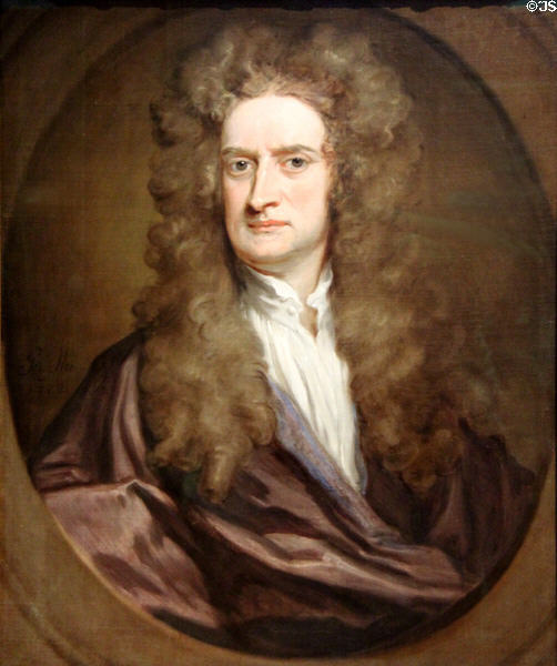 Physicist Sir Isaac Newton portrait (1702) by Sir Godfrey Kneller at National Portrait Gallery. London, United Kingdom.