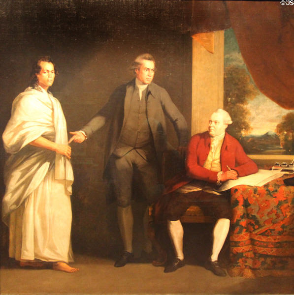 Biological explorers Mai, Sir Joseph Banks & Daniel Solander portrait (1775-6) by William Parry at National Portrait Gallery. London, United Kingdom.