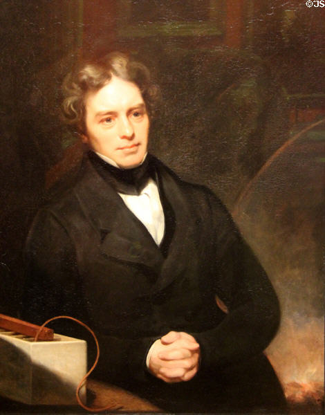 Michael Faraday (noted for relationship between electricity & magnetism plus inventing first electric motor) portrait (1841-2) by Thomas Phillips at National Portrait Gallery. London, United Kingdom.