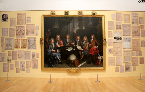 Post English Civil War painting surrounded by contemporary political posters at Tate Britain. London, United Kingdom.