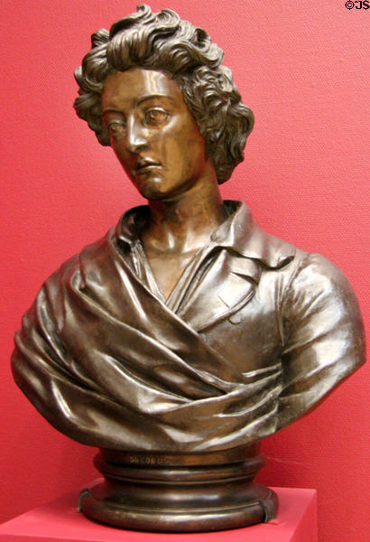 Poet Percy Bysshe Shelley imagined bronze bust (1882) by Amelia Robertson Hill of Scotland at Tate Britain. London, United Kingdom.