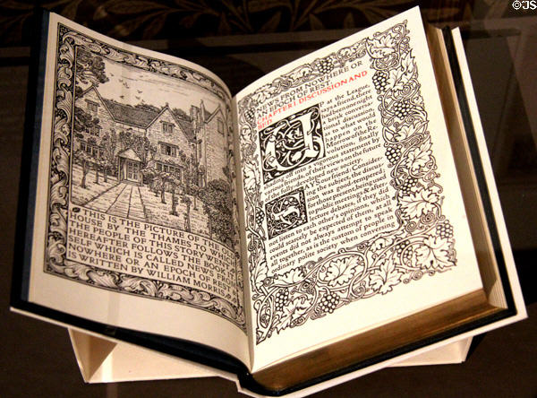 News from Nowhere science fiction book with image of Kelmscott Manor (1890; reproduction 2015) by William Morris at Tate Britain. London, United Kingdom.