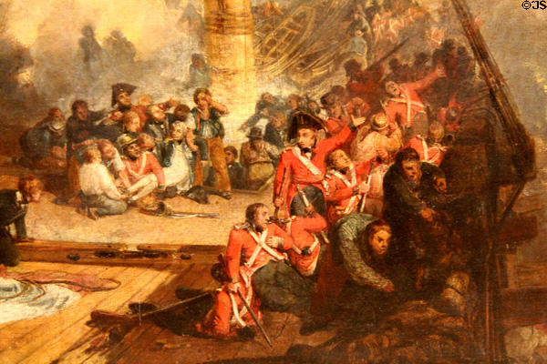 Death of Admiral Nelson detail of Battle of Trafalgar painting (1806-8) by Joseph Mallord William Turner at Tate Britain. London, United Kingdom.