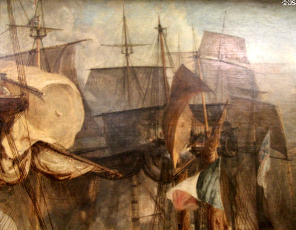 Sails detail of Battle of Trafalgar painting (1806-8) by Joseph Mallord William Turner at Tate Britain. London, United Kingdom.