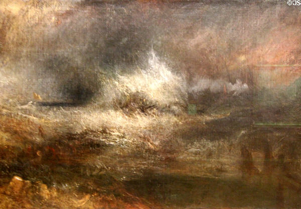 Stormy Sea with Blazing Wreck painting (c1835-40) by Joseph Mallord William Turner at Tate Britain. London, United Kingdom.