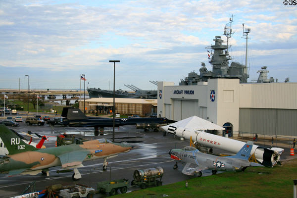 Overview of aircraft collection at USS Alabama Battleship Memorial Park with Lockheed A-12 Blackbird. Mobile, AL.