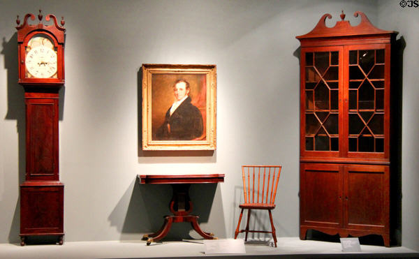 Early American tall clock, card table, & corner cabinet, portrait (c1820s) at Mobile Museum of Art. Mobile, AL.