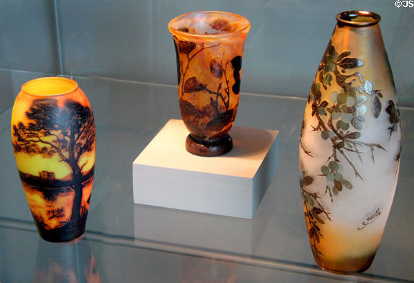 French Art Nouveau glass vases (c1900) including (l) by T. Michael & (r) by Émile Gallé at Mobile Museum of Art. Mobile, AL.