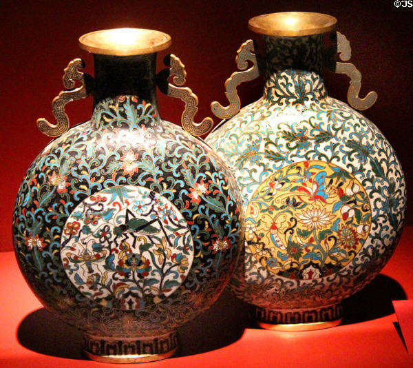 Qing Dynasty cloisonné enamel pilgrim flasks (18th C) from China at Mobile Museum of Art. Mobile, AL.