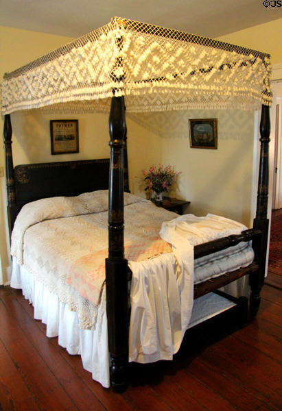 Four-poster bed with original knotted & tasseled canopy plus original bedspread at Conde-Charlotte Museum. Mobile, AL.
