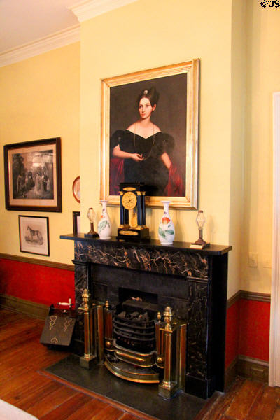 Library fireplace with portrait at Oakleigh Plantation. Mobile, AL.