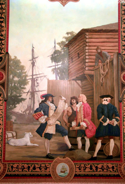 Mural of founding of St. Louis de la Mobile settlement by Glidden Group in Battle House Hotel. Mobile, AL.
