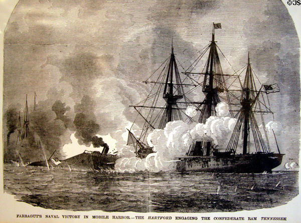 Etching of Farragut's Naval Victory in Mobile Harbor as the Hartford engages the Confederate Ram Tennessee at Fort Gaines Museum. AL.