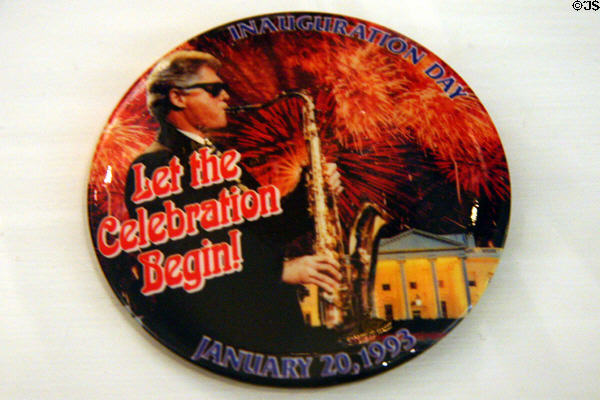 President Bill Clinton's inauguration buttons playing saxophone in Old State House Museum. Little Rock, AR.