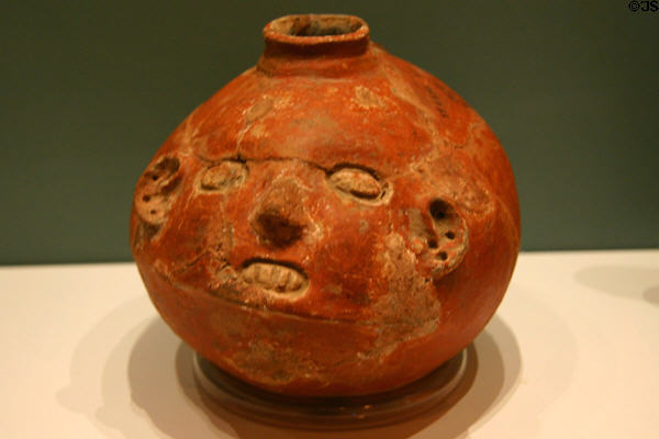 Human head effigy jar with red slip surface (c1350-1550 CE) found Mainard Burial, AR, at Old State House Museum. Little Rock, AR.