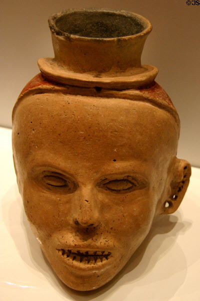 Human head vase with red paint (c1200-1600 CE) found Fortune Mounds, AR, at Old State House Museum. Little Rock, AR.