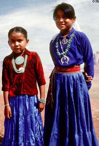 Two Navajo girls in traditional dress. AZ.
