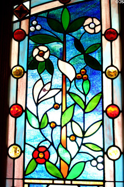Stained glass window of Victorian Gothic building at Sharlot Hall Museum. Prescott, AZ.