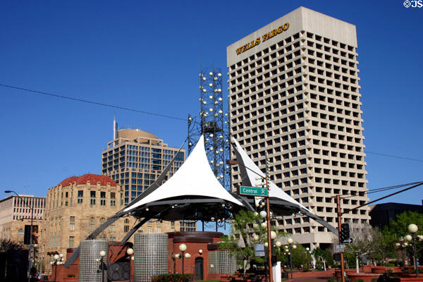 Sail covered stage in Patriot Square against Wells Fargo Building, City Hall & County Court House. Phoenix, AZ.