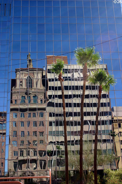 Palms & heritage buildings reflected in Bank One windows. Phoenix, AZ.