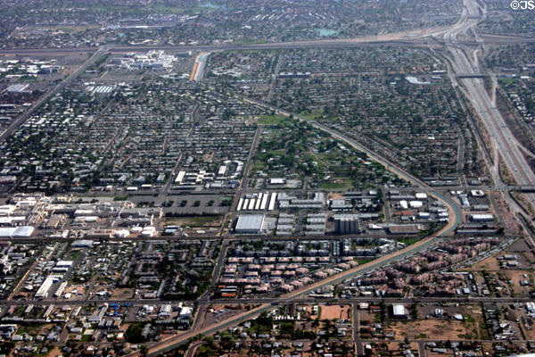 Arizona canal east of Phoenix seen from air. Phoenix, AZ.