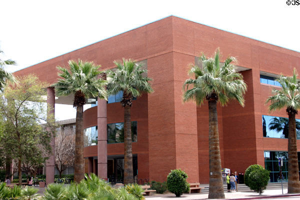 Arizona State University Student Services Building entrance is rotunda within open cube. Tempe, AZ.