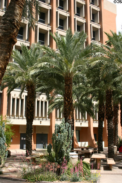 Bateman Physical Sciences Center (1967) with cacti & palms at Arizona State University. Tempe, AZ. Architect: Michael & Kemper Goodwin Ltd..