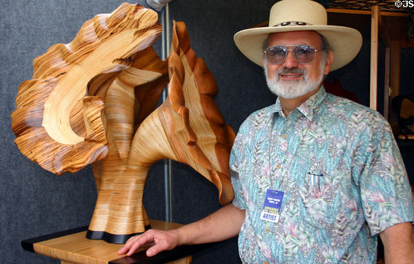 Laminated wood sculpture by Kerry Vesper participant in Scottsdale Arts Festival. Scottsdale, AZ.