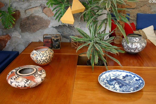 Native American & oriental pottery in Taliesin West living room. Scottsdale, AZ.