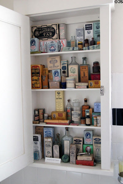 Bathroom cabinet with collection of patent medicines in Corbett House at Tucson Museum of Art. Tucson, AZ.