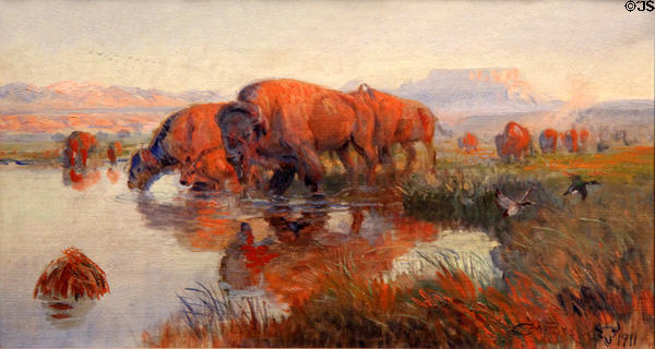 Buffalo Watering (Marias River) painting (1911) by Charles Marion Russell at Tucson Museum of Art. Tucson, AZ.