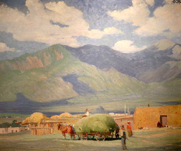 Haying Time in Taos (Alfalfa Time/Mountains in Taos) painting (c1917-30) by Oscar E. Berninghaus at Tucson Museum of Art. Tucson, AZ.