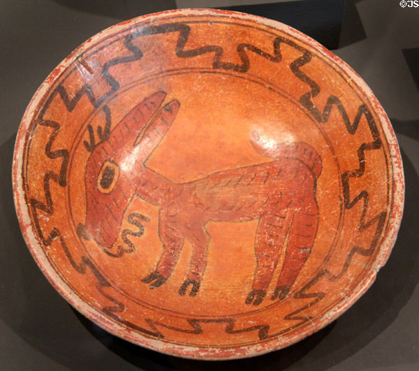 Maya earthenware shallow bowl with donkey (500-600) from Yucatan, Mexico at Tucson Museum of Art. Tucson, AZ.