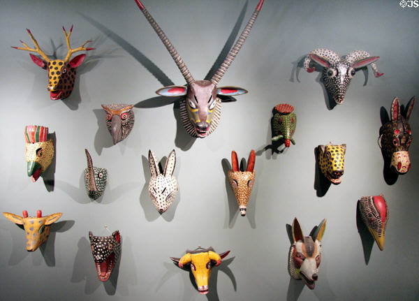 Painted wood carnival masks from Hildago, Mexico (early 20thC) at Tucson Museum of Art. Tucson, AZ.