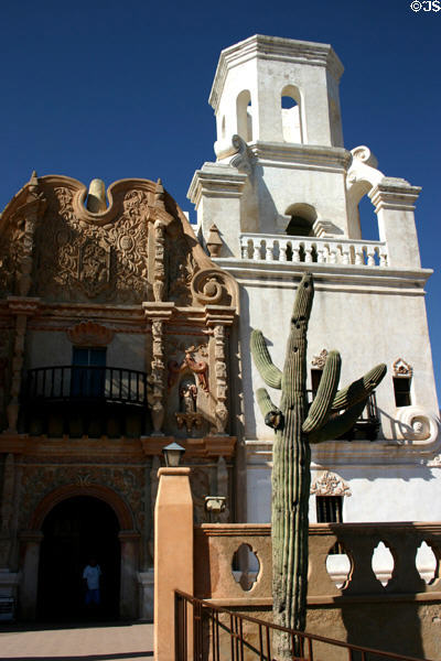 Spanish Baroque front & tower of San Xavier del Bac Mission Church. Tucson, AZ.
