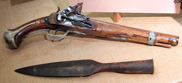 Spanish flintlock cavalry pistol (after 1791) & lance blade at Arizona Historical Society Museum Downtown. Tucson, AZ.