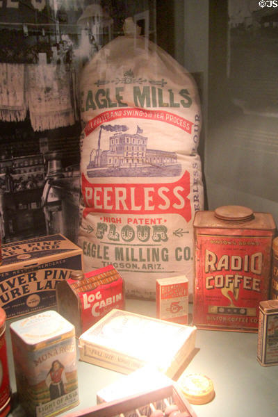 Eagle Mills flour bag, Radio Coffee tin & other grocery packages at Arizona Historical Society Museum Downtown. Tucson, AZ.