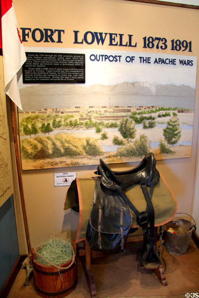 Mural of Fort Lowell with U.S. Army saddle at time of Apache Wars (1873-91) at Fort Lowell Museum. Tucson, AZ.