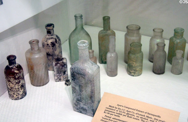 Collection of antique glass medicine bottles (late 1800s) at Fort Lowell Museum. Tucson, AZ.